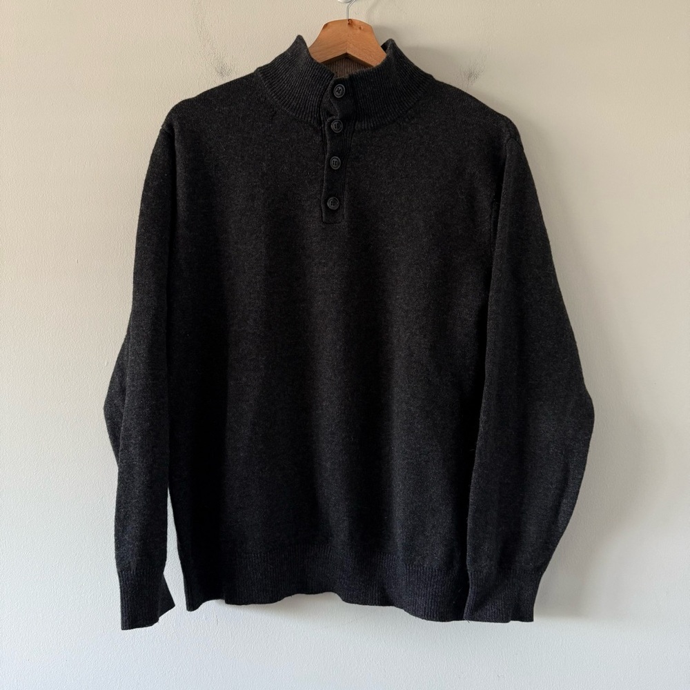 LL‎ Bean Lambs Wool Henley Sweater Mens Medium Gray Fisherman Coastal Outdoors